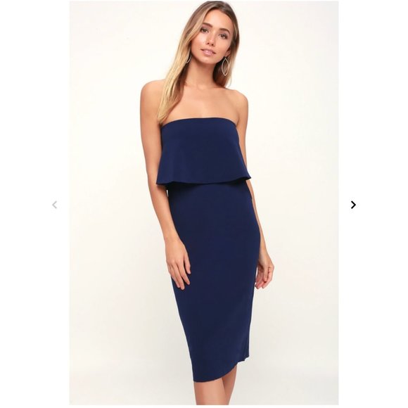 Lulus Lots of Love Navy Blue Strapless Midi Dress - Picture 1 of 7